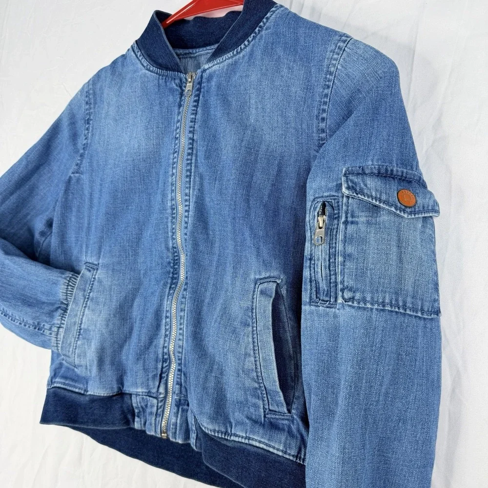 Gymboree Boys Bomber‎ Jacket Full Zip Denim Washed Jeans Blue Size-M 7-8) VTG